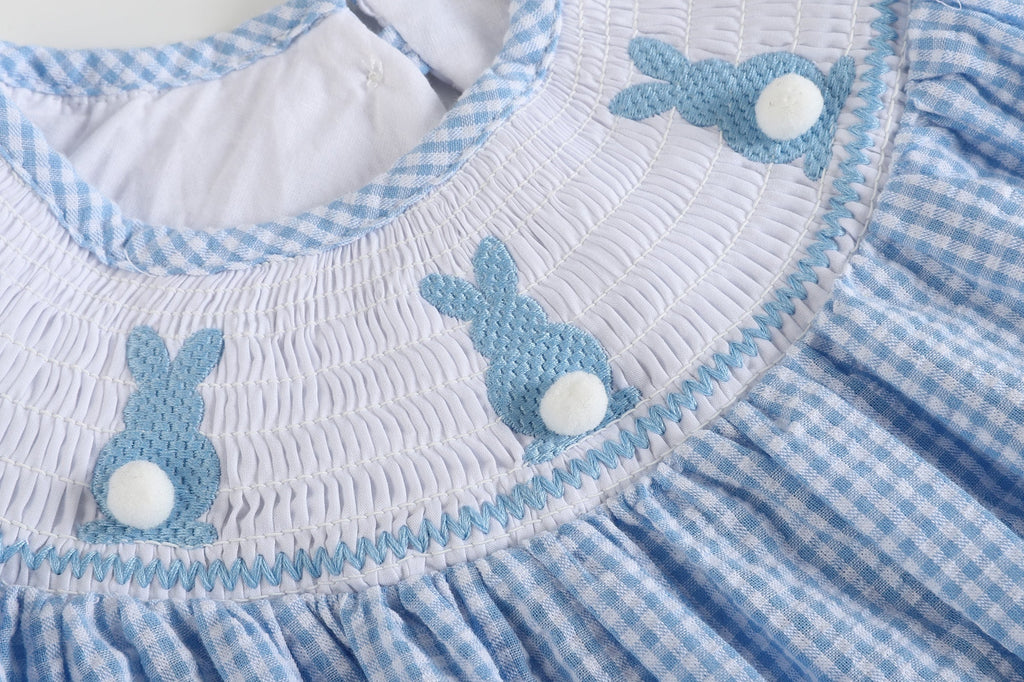 Blue Gingham Bunny Smocked Bishop Dress