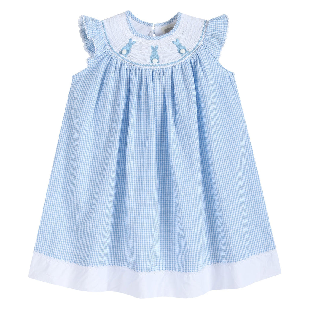 Blue Gingham Bunny Smocked Bishop Dress