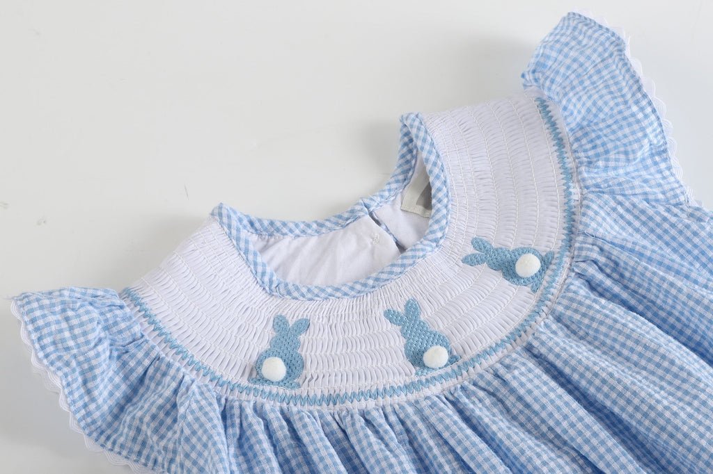 Blue Gingham Bunny Smocked Bishop Dress