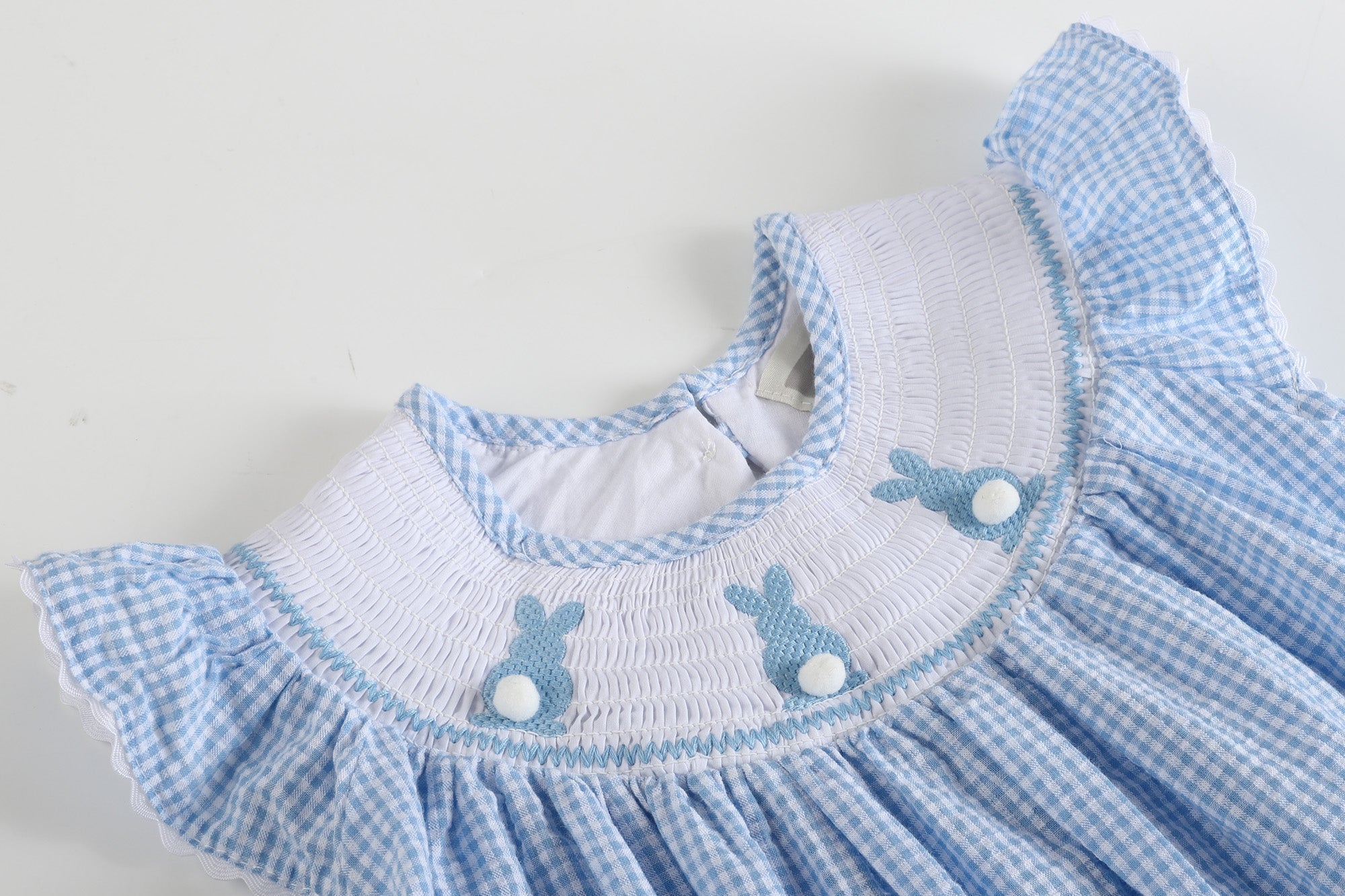 Blue Gingham Bunny Smocked Bishop Dress