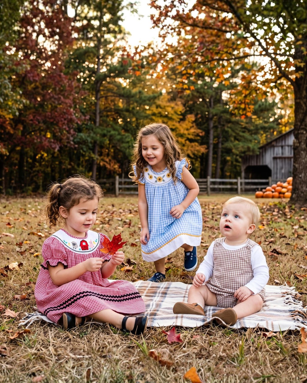 Blue Gingham Sunflower Smocked Bishop Dress