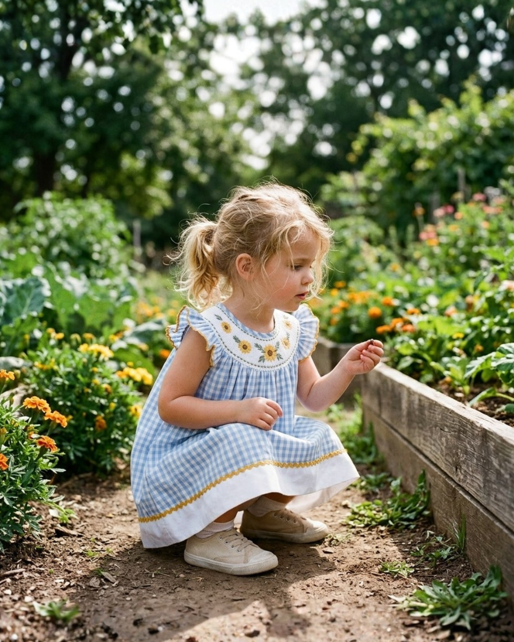 Blue Gingham Sunflower Smocked Bishop Dress