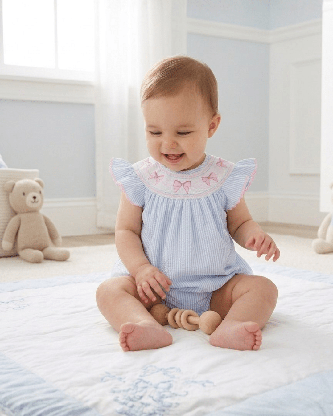 Blue Seersucker Bow Smocked Flutter Romper