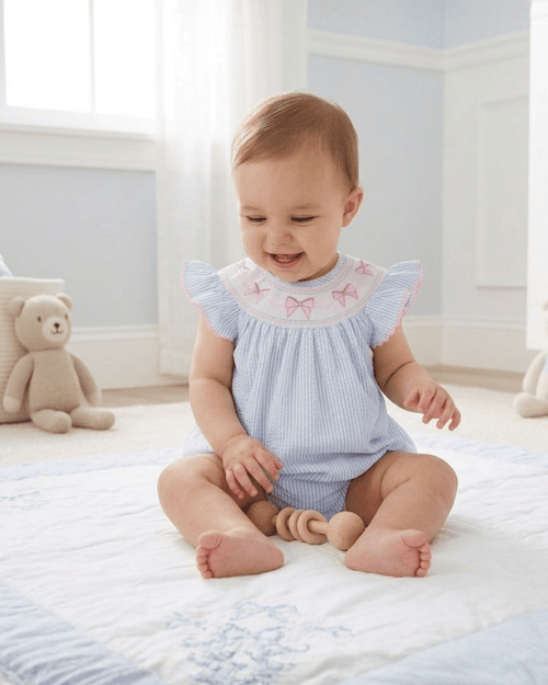 Blue Seersucker Bow Smocked Flutter Romper