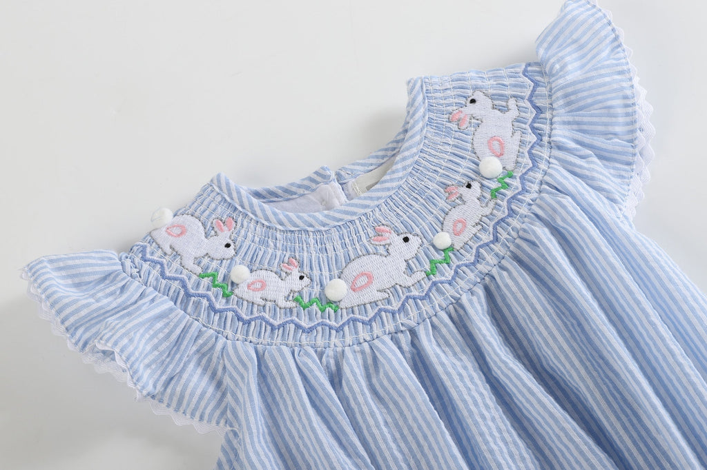 Blue Seersucker Bunny Smocked Flutter Romper