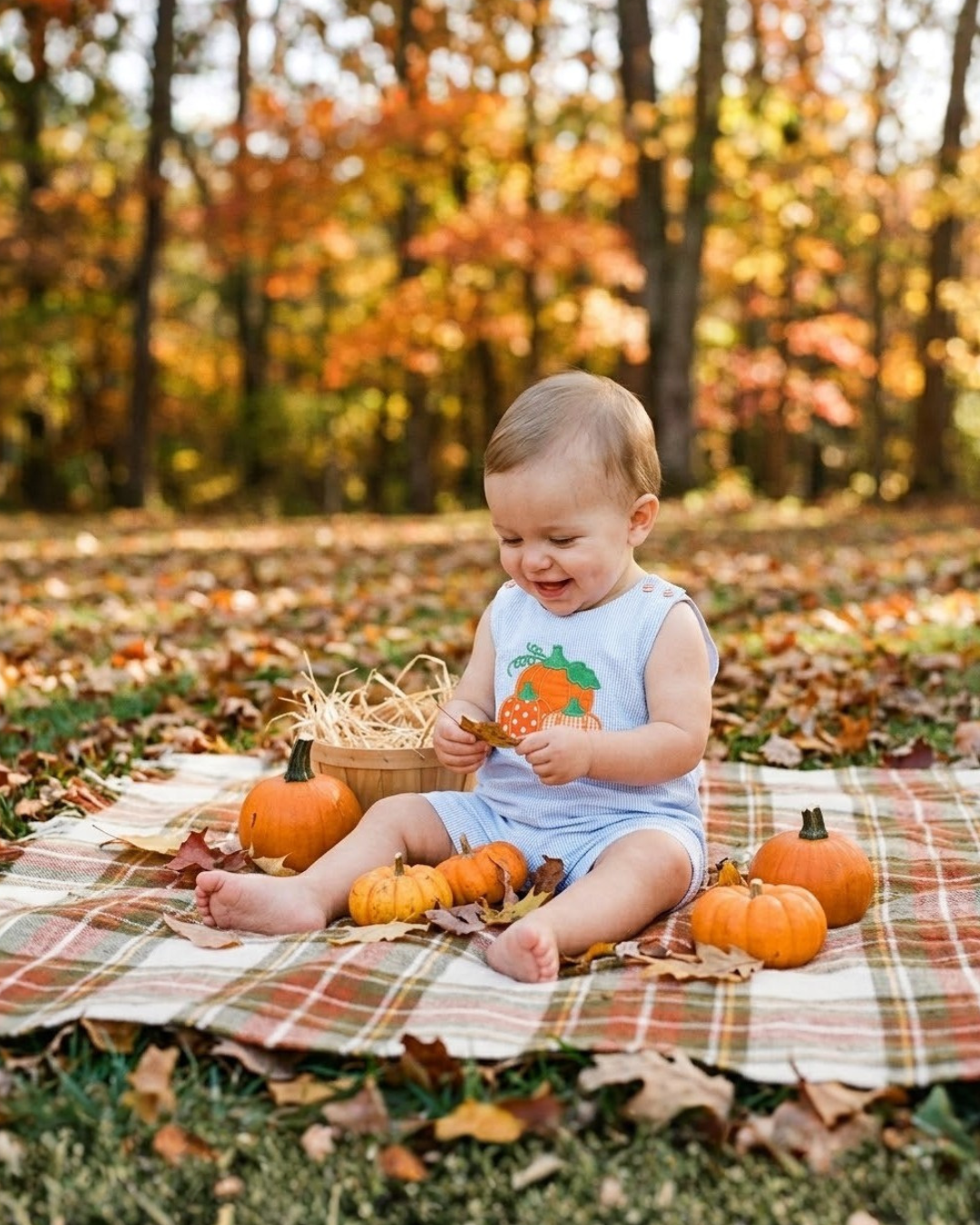 Blue Seersucker Pumpkin Shortalls