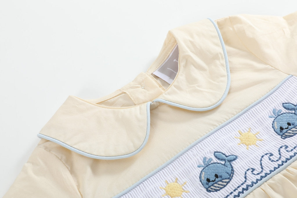 Buttercream Yellow Whale Smocked Collared Romper