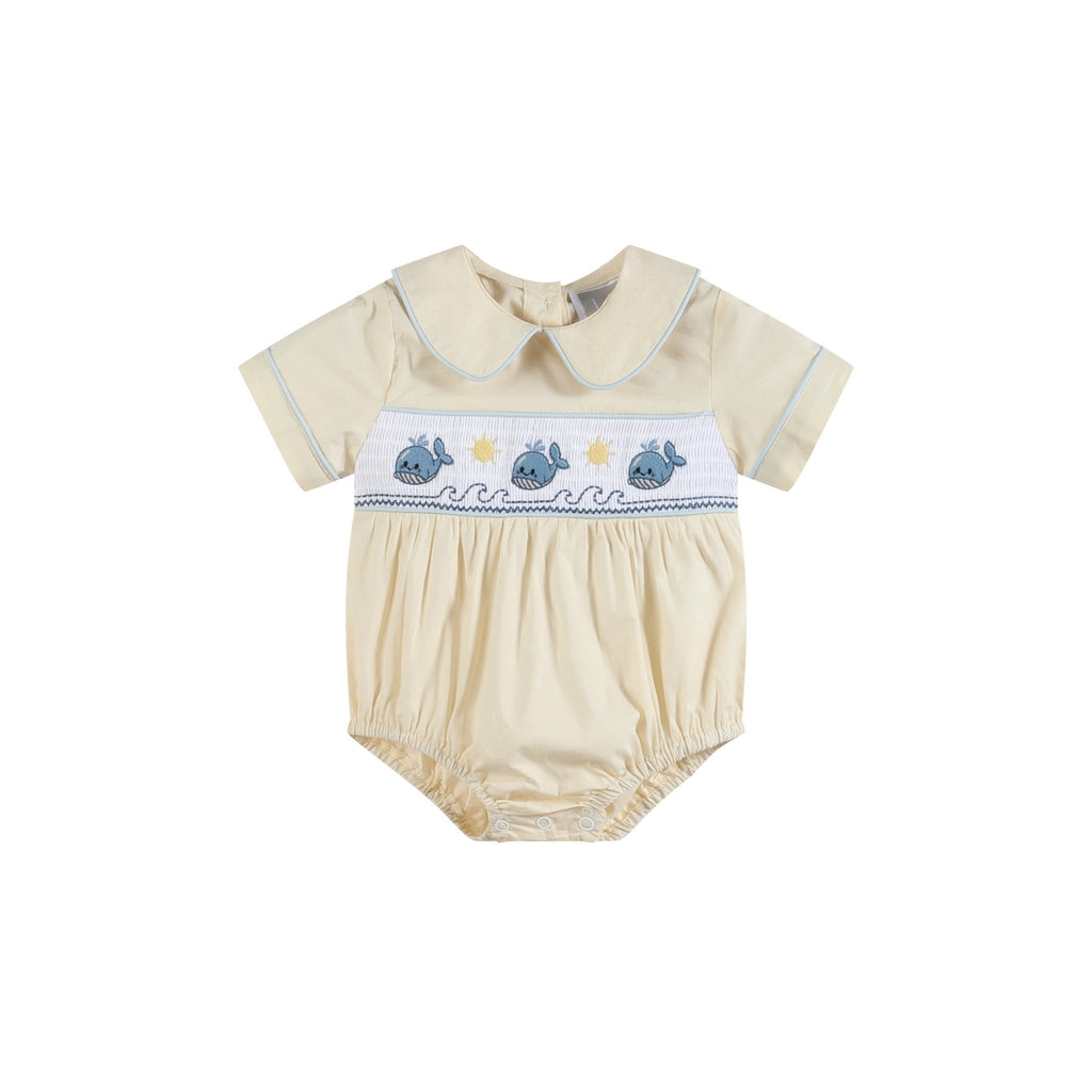 Buttercream Yellow Whale Smocked Collared Romper