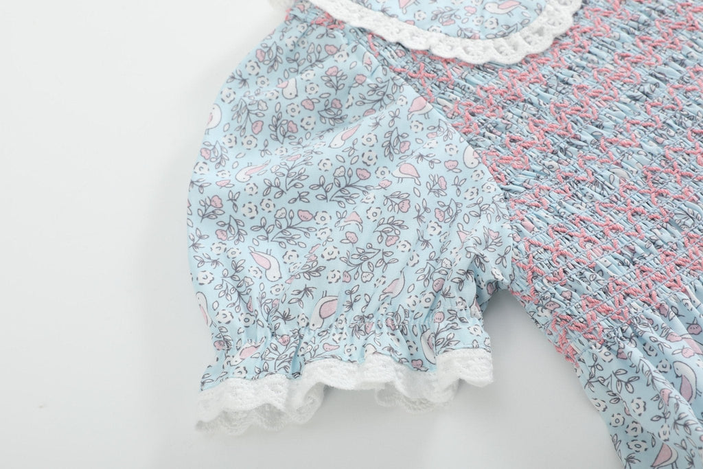 Floral Blue Dove Smocked Collared Dress