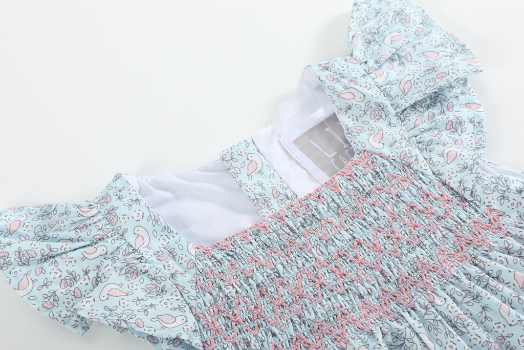 Floral Blue Dove Smocked Flutter Romper
