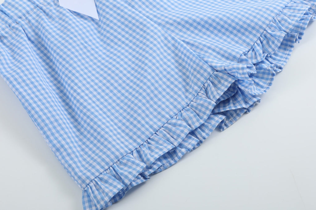 Girls Light Blue Gingham Golf Tee and Shorts 2pc Set
