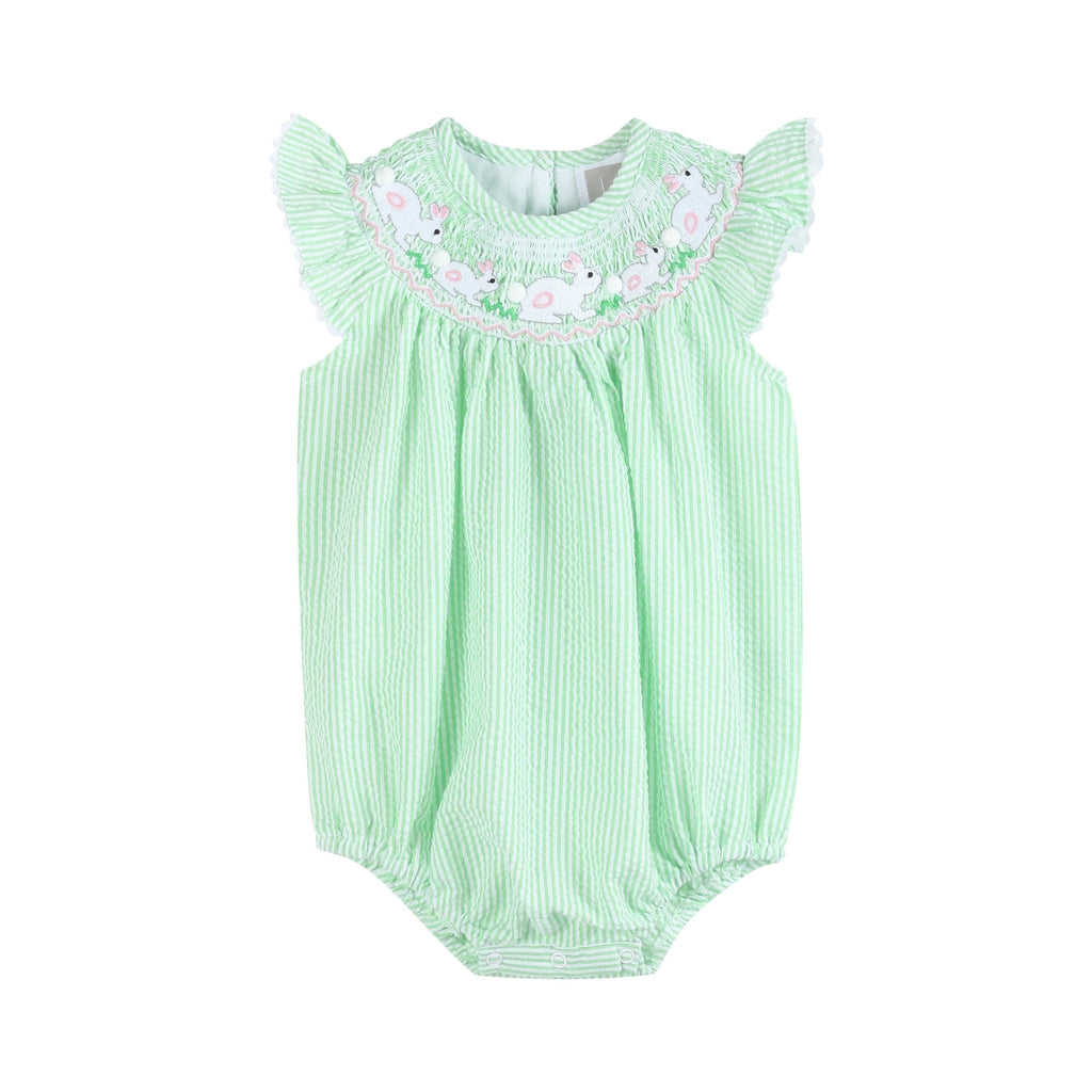 Green Seersucker Bunny Smocked Flutter Romper