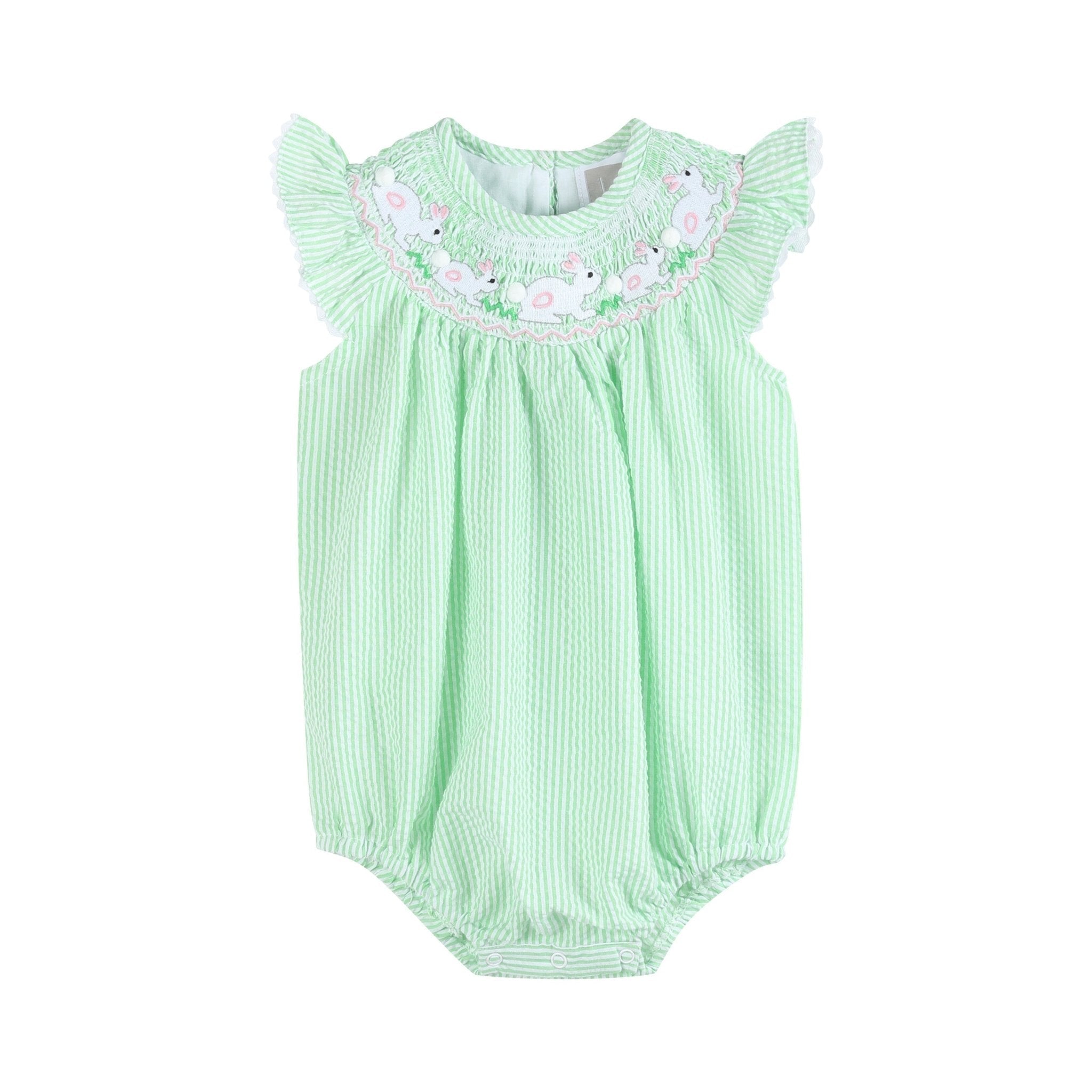 Green Seersucker Bunny Smocked Flutter Romper