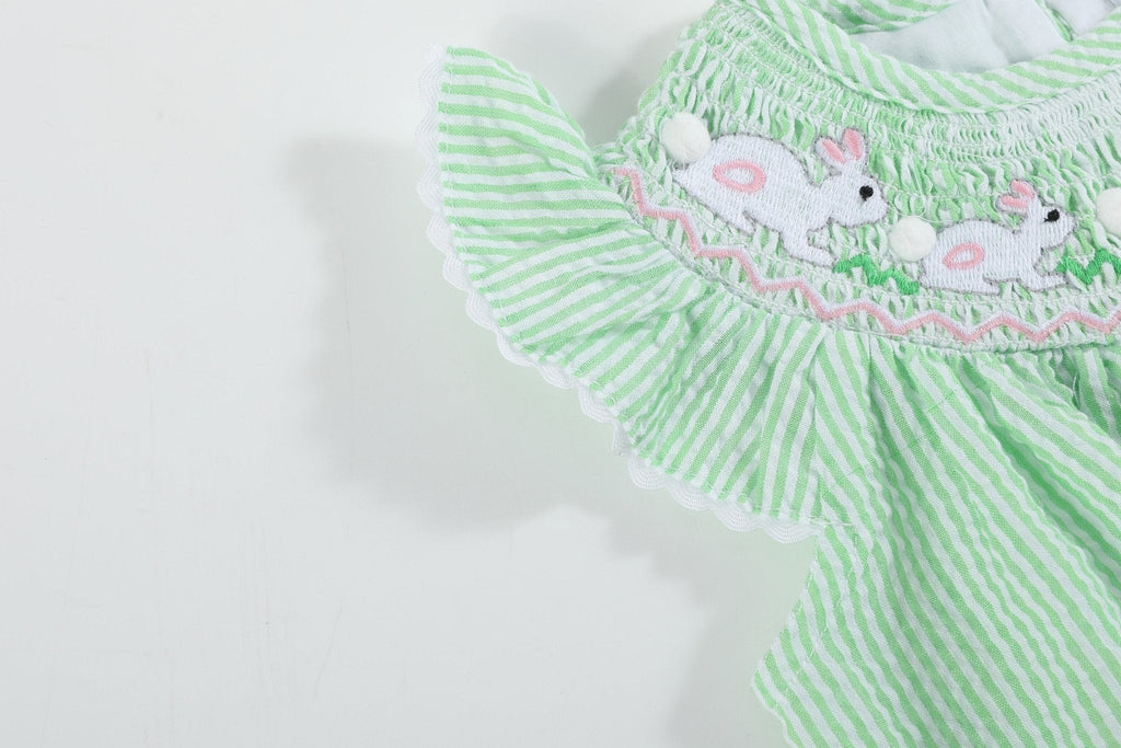 Green Seersucker Bunny Smocked Flutter Romper