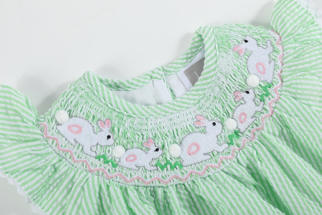 Green Seersucker Bunny Smocked Flutter Romper