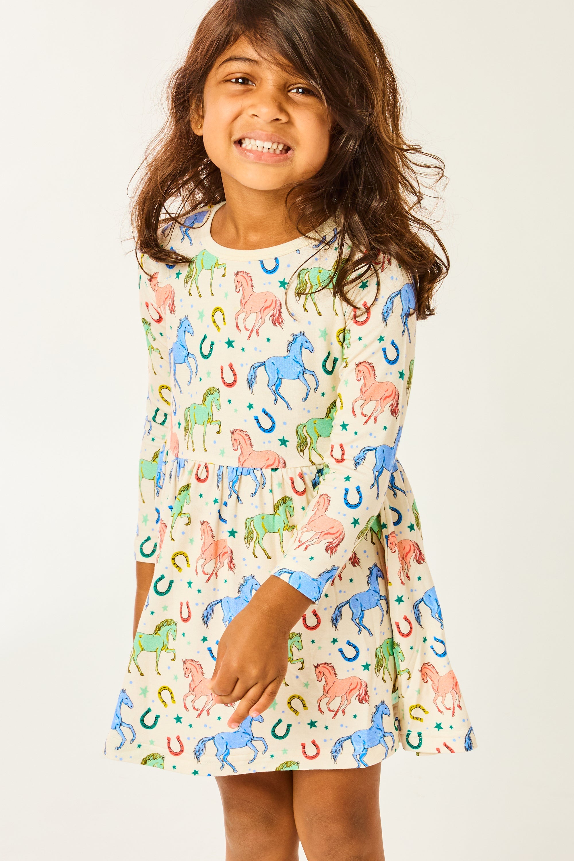 Stretchy Long Sleeve Twirl Dress - Horses