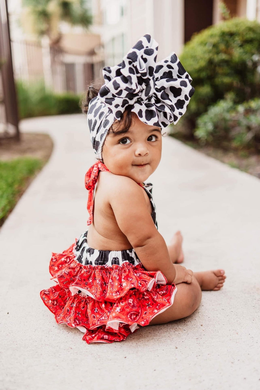 Cow paisley tie romper