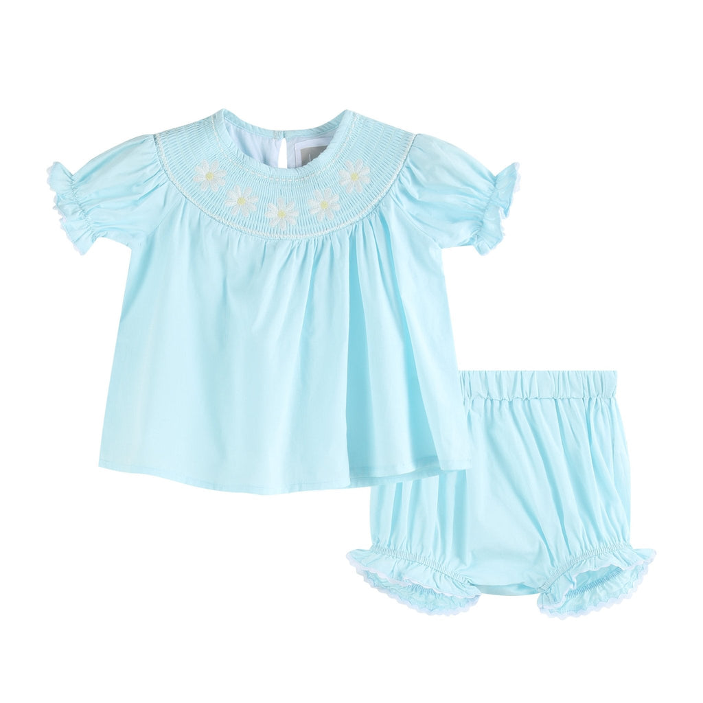 Light Blue Daisy Smocked Dress and Bloomer Set