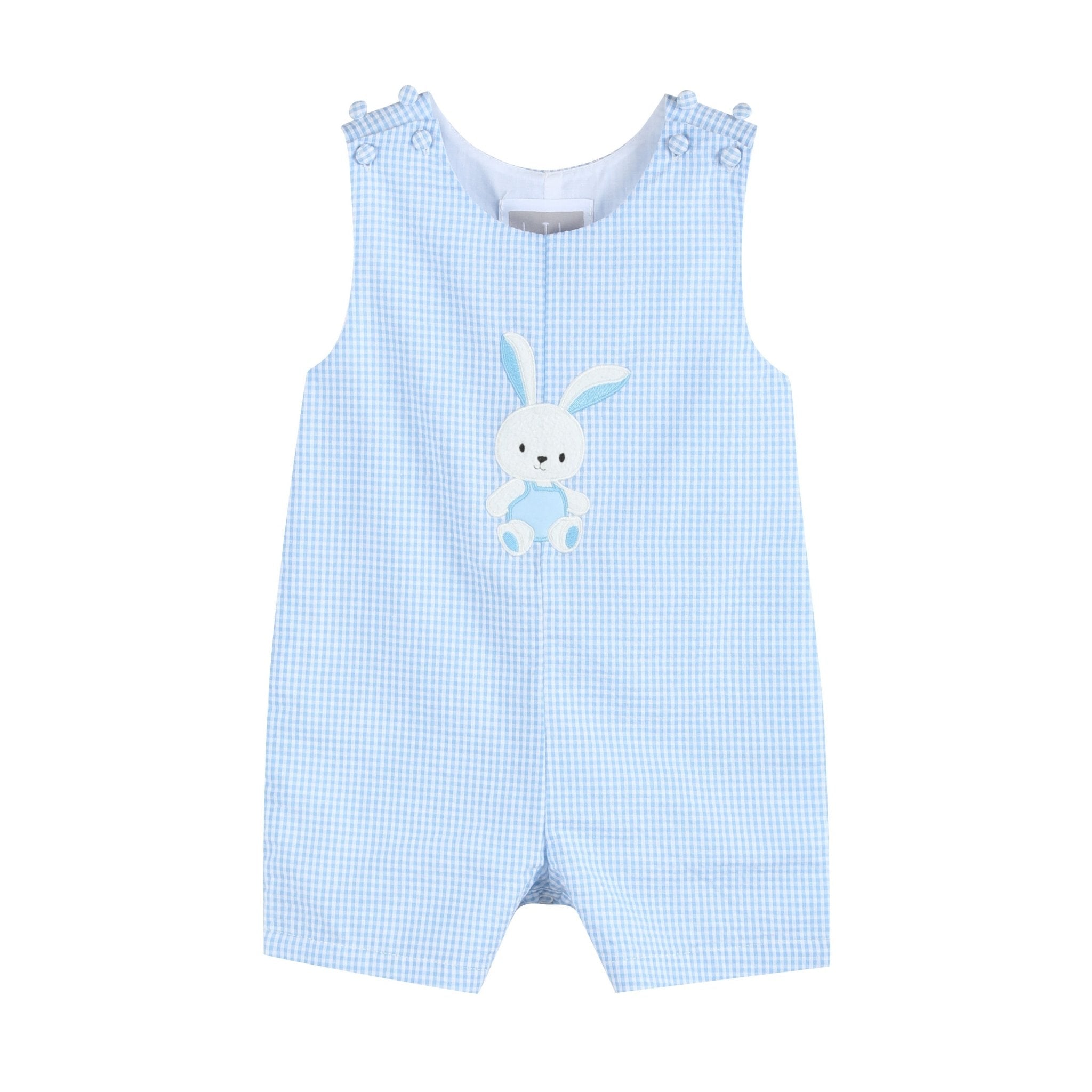 Light Blue Gingham Bunny Applique Shortalls