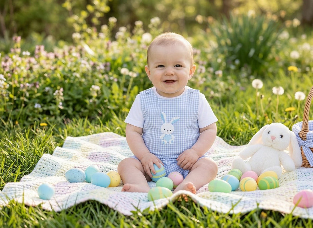 Light Blue Gingham Bunny Applique Shortalls