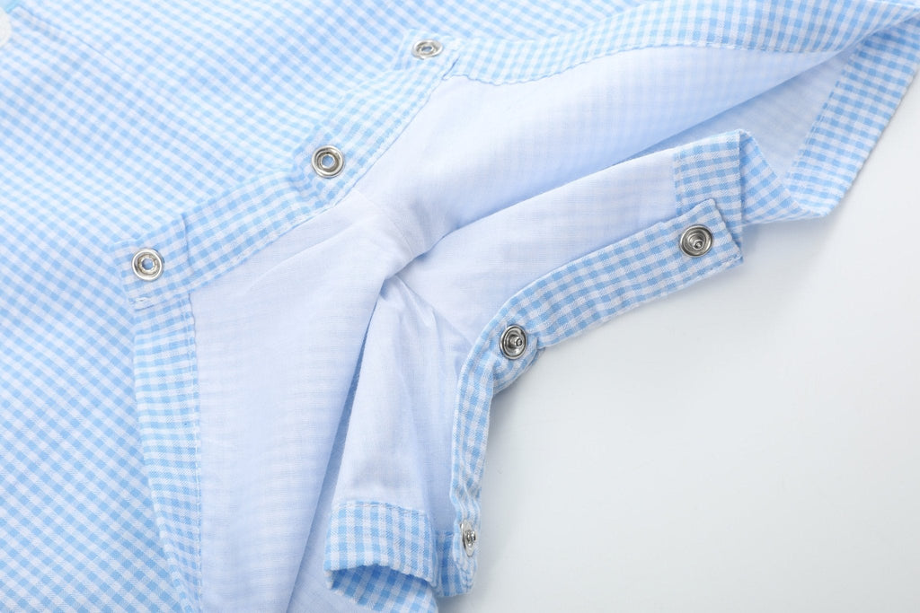 Light Blue Gingham Bunny Applique Shortalls