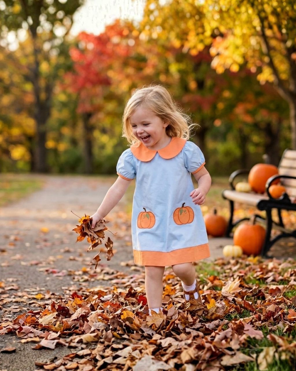 Light Blue Pumpkin Applique Collared Dress