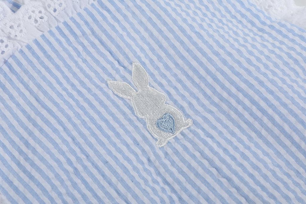 Light Blue Seersucker Bunny Ruffle Romper