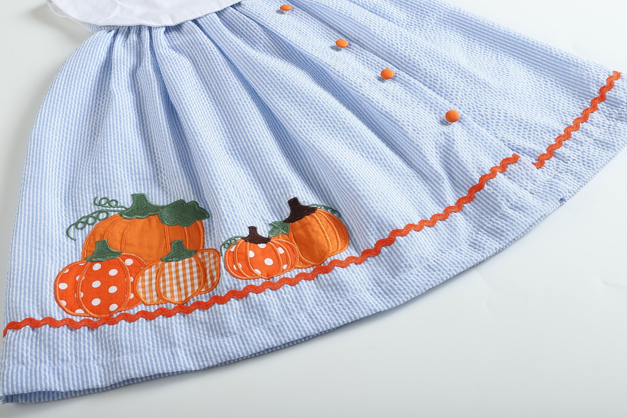 Light Blue Seersucker Pumpkin Yoke Dress