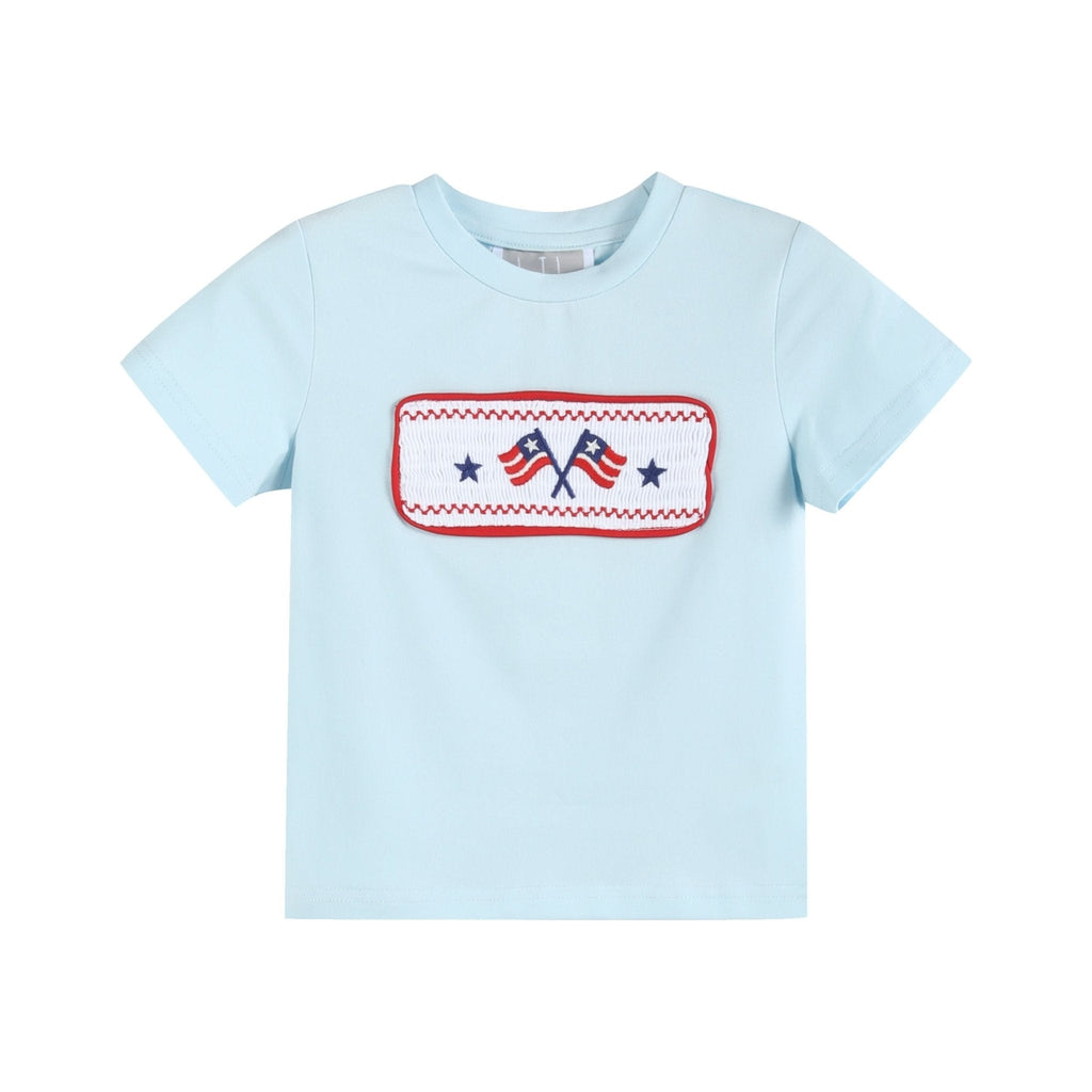 Light Blue USA Flag Smocked T-Shirt and Shorts Set