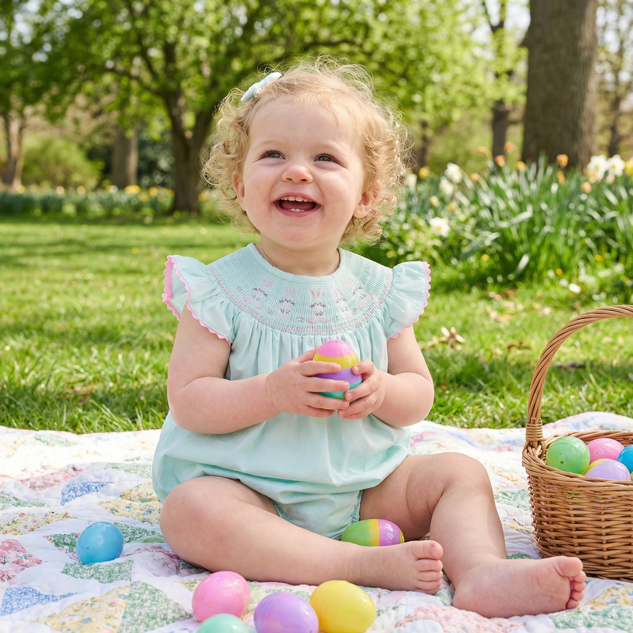 Misty Blue Bunny Smocked Bubble Romper