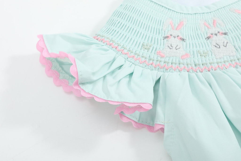 Misty Blue Bunny Smocked Bubble Romper