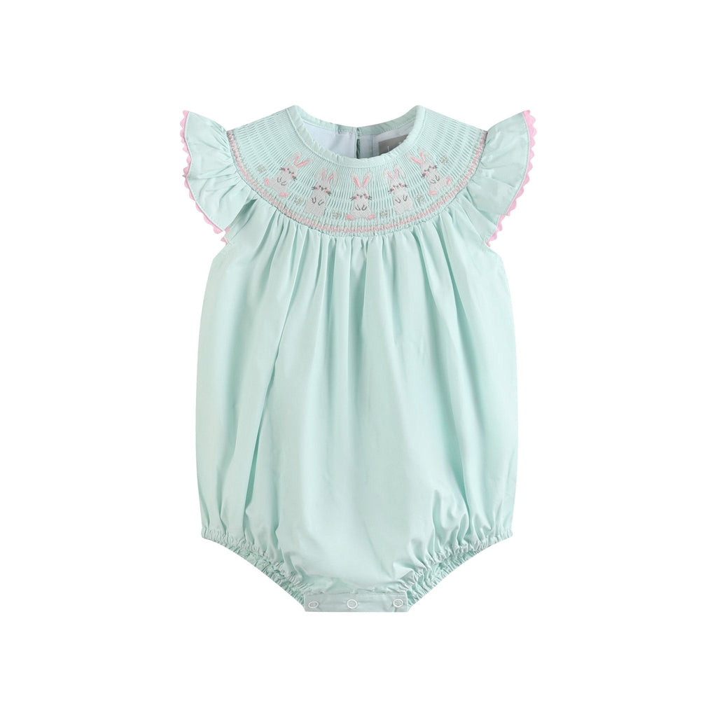 Misty Blue Bunny Smocked Bubble Romper