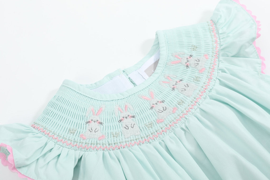 Misty Blue Bunny Smocked Bubble Romper