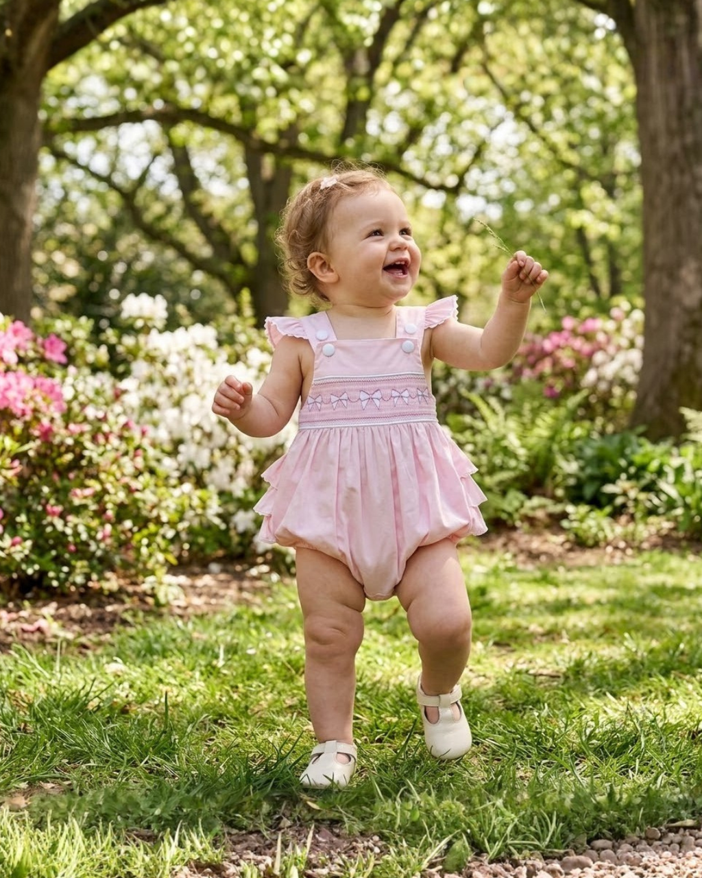Pink and White bows Smocked Ruffle Romper