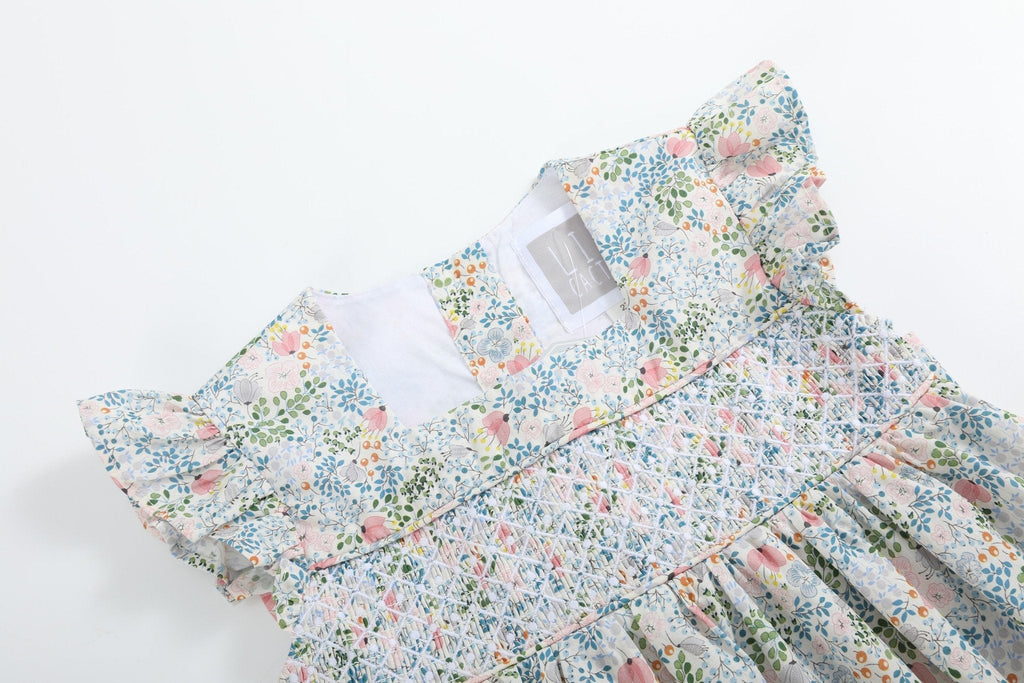Pink Floral Print Smocked Flutter Dress