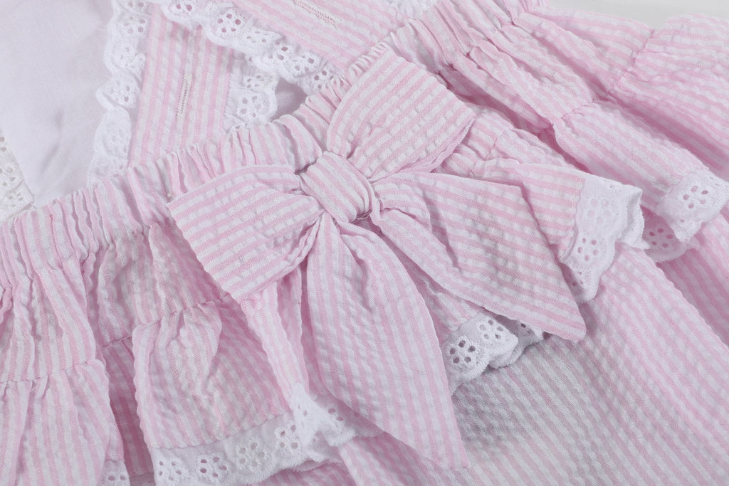 Pink Seersucker Bunny Ruffle Romper