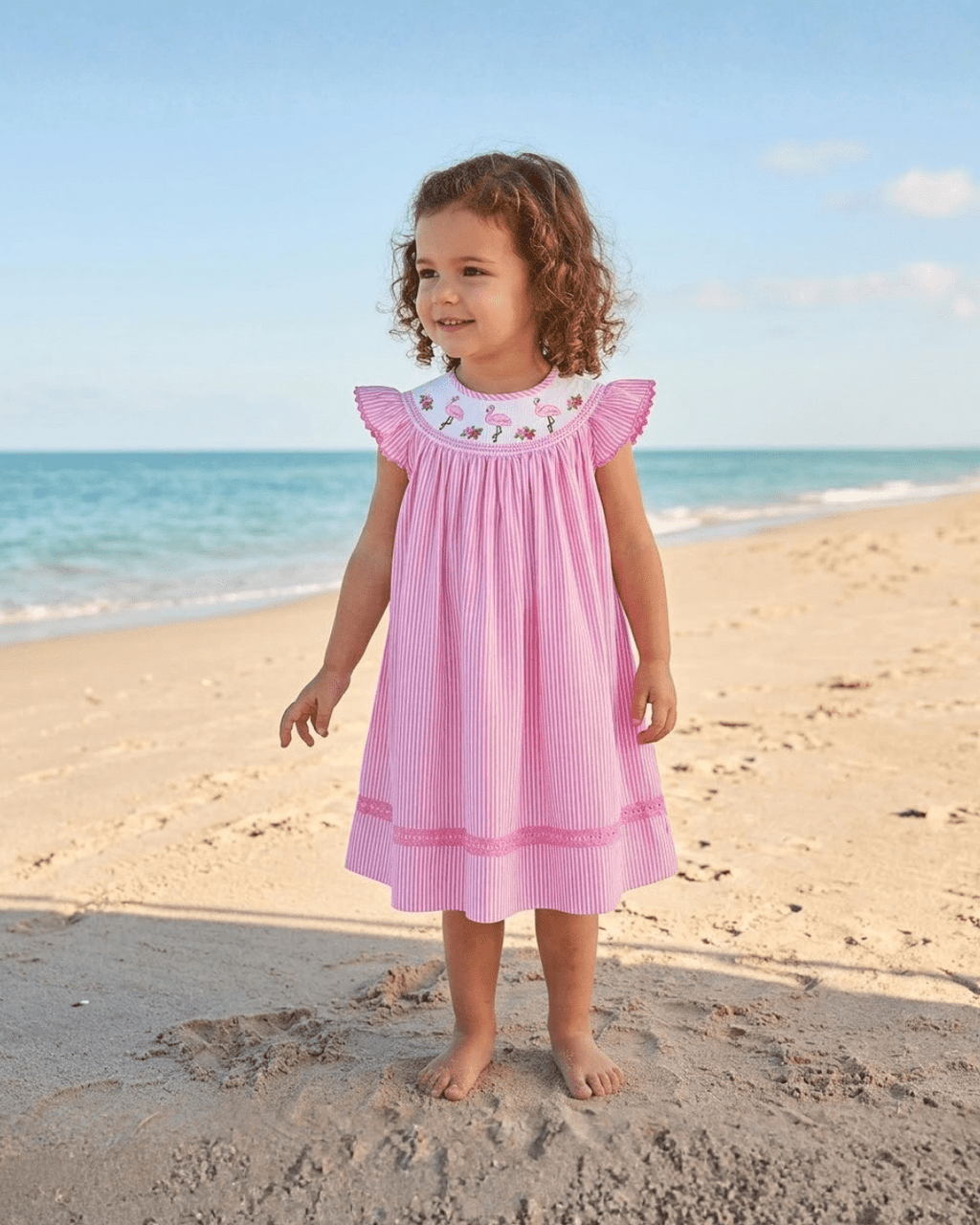Pink Striped Flamingo Smocked Bishop Dress