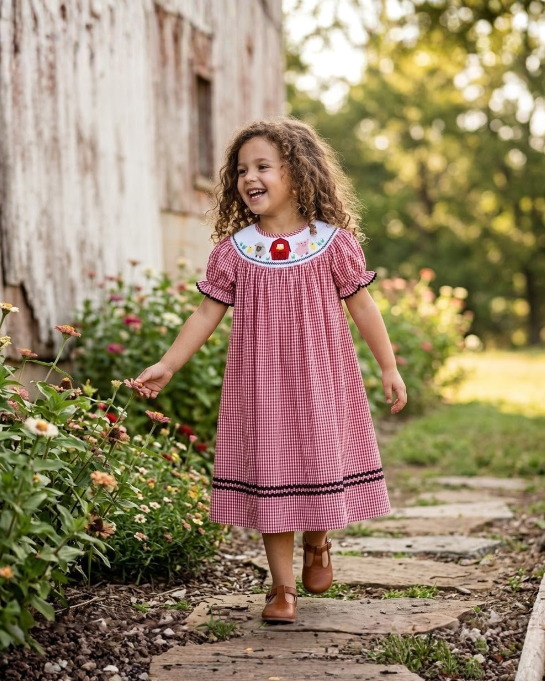 Red Gingham Barn Animals Smocked Bishop Dress