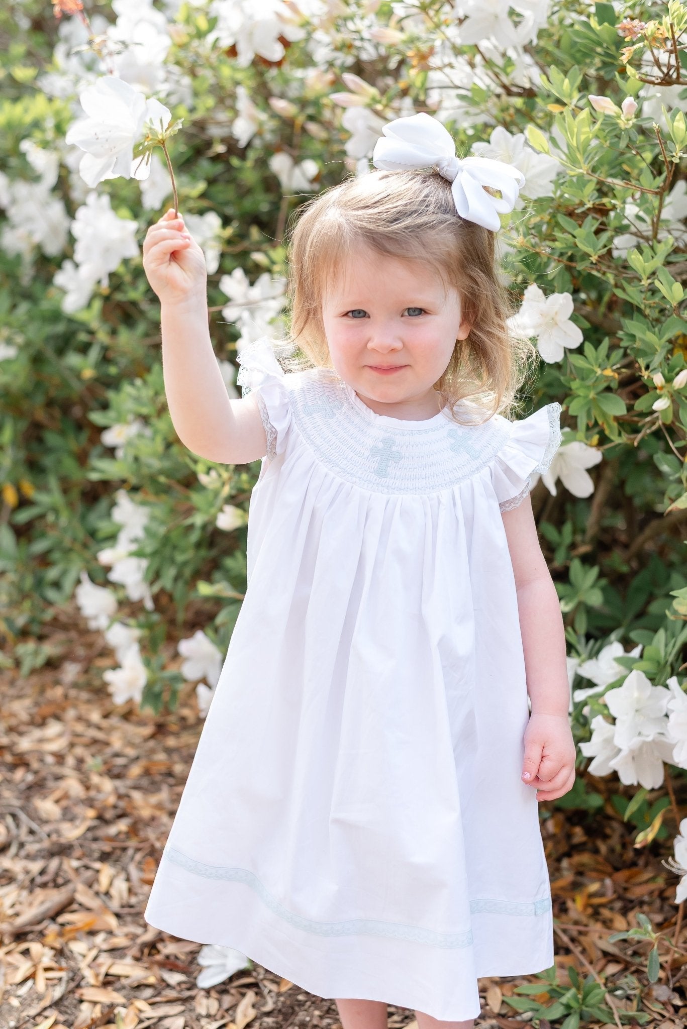 White and Blue Holy Smocked Bishop Dress