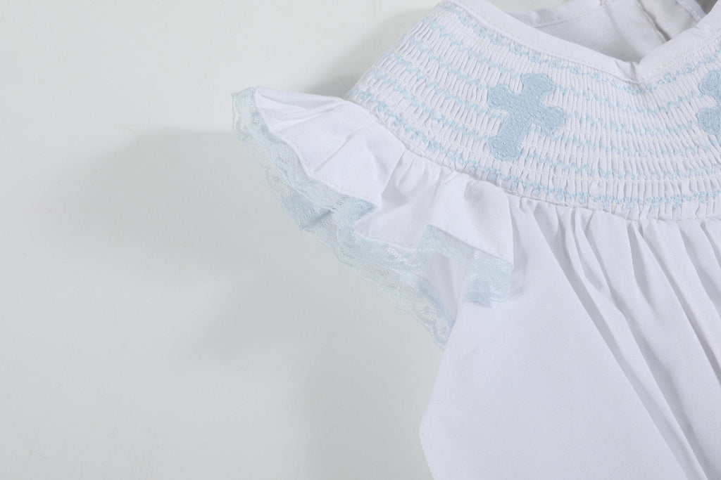 White and Blue Holy Smocked Bishop Dress