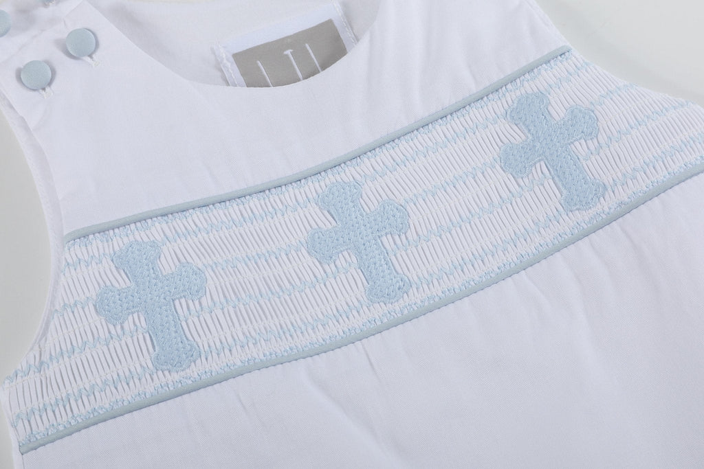 White and Blue Holy Smocked Overalls