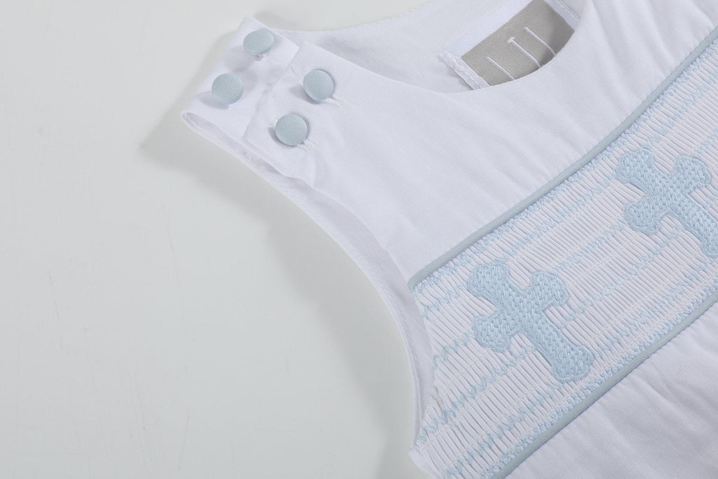 White and Blue Holy Smocked Overalls