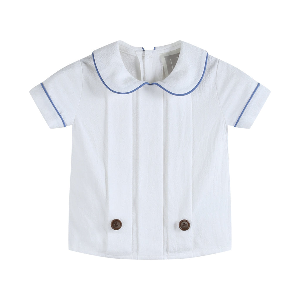 White Collared Top and Blue Button Shorts