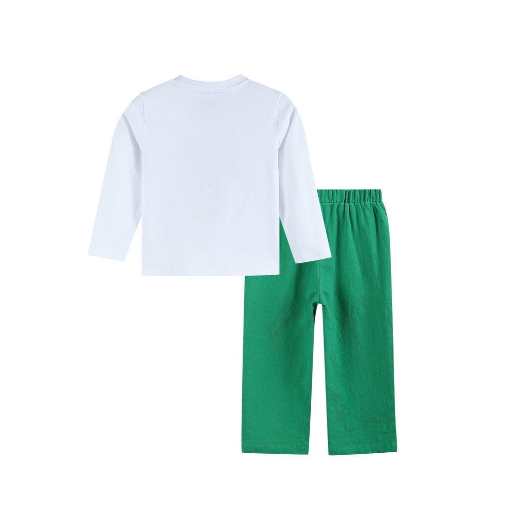 White Pompom Reindeer and Green Pants Set