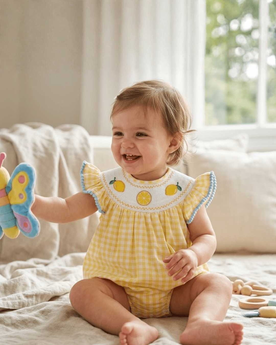Yellow Gingham Lemon Smocked Flutter Romper